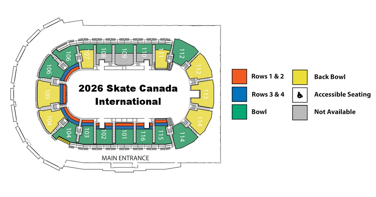 2026 Skate Canada International ticket seating chart showing arena sections and accessible seating areas.