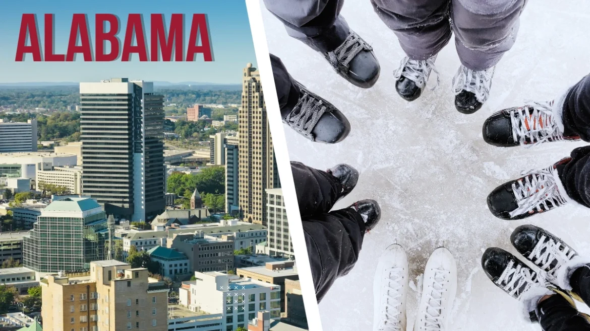Birmingham skyline alongside ice skaters on a rink representing skating clubs in Alabama.