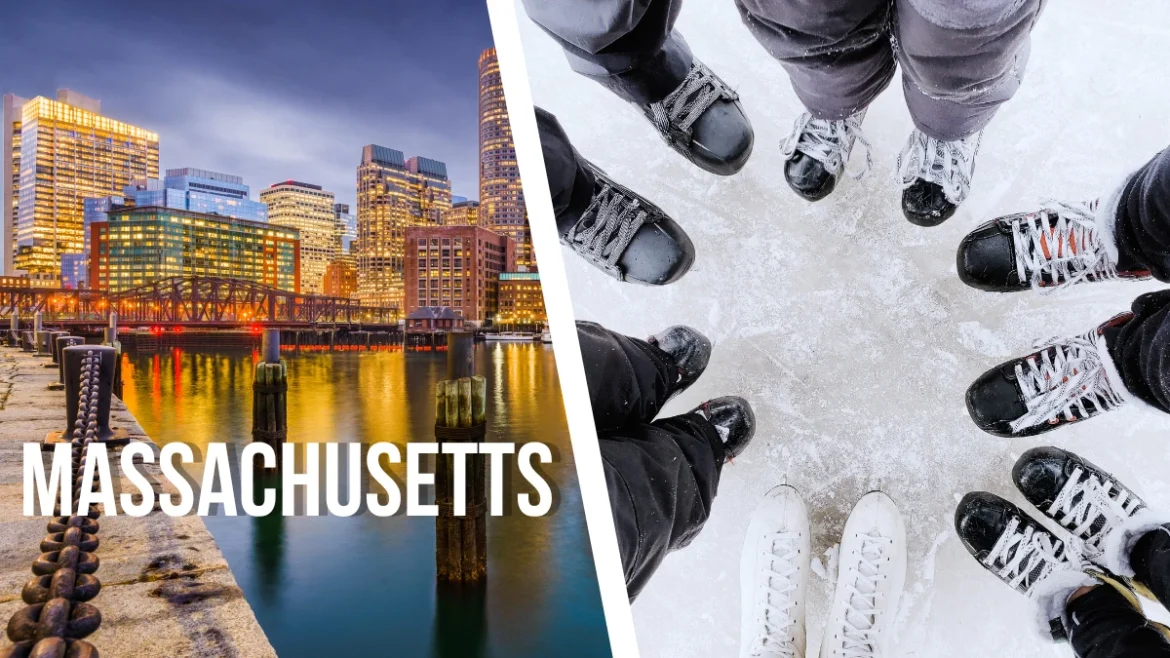 Boston skyline alongside ice skaters on a rink representing skating clubs in Massachusetts.