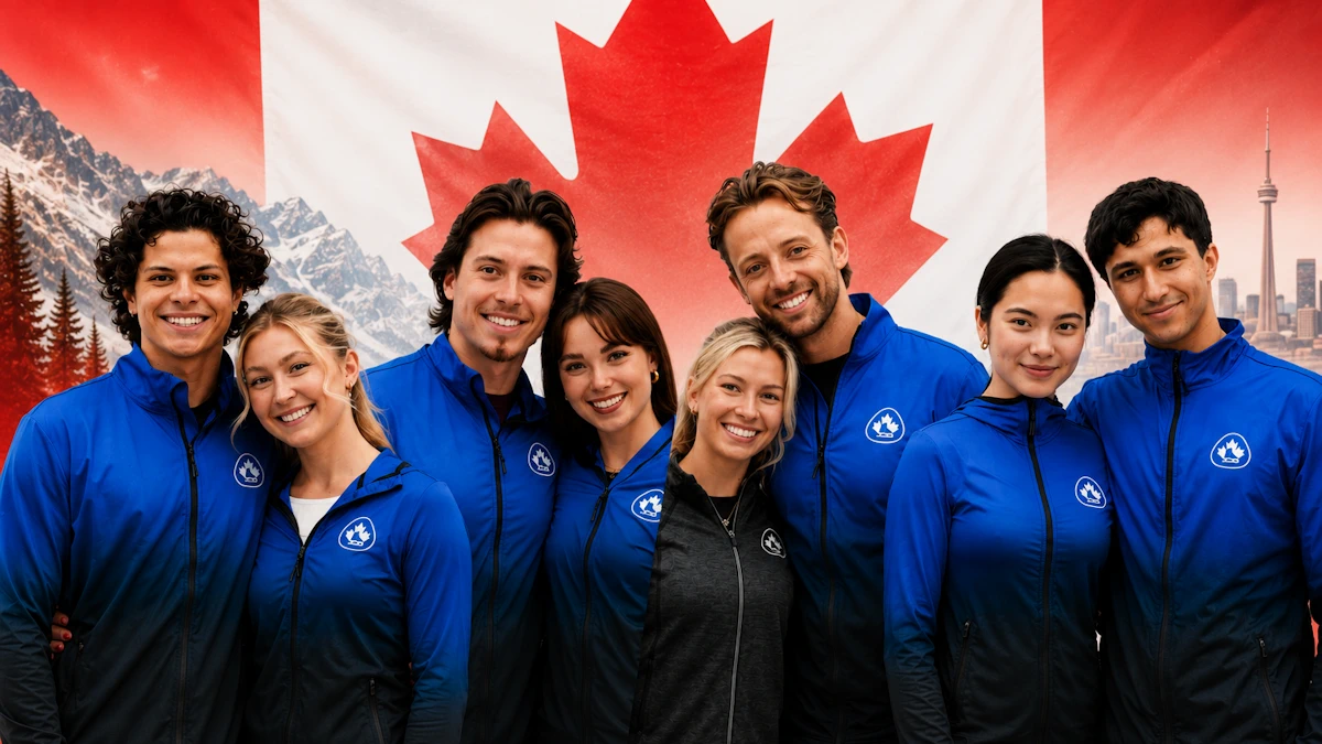 Canada's four new senior ice dance teams—Marjorie Lajoie and Jean-Luc Baker, Hannah Lim and Zachary Lagha, Alicia Fabbri and Marko Jevgeni Gaidajenko, and Sandrine Gauthier and Paul Ayer—pose together in a Canadian-themed composite image before the 2026–27 season.